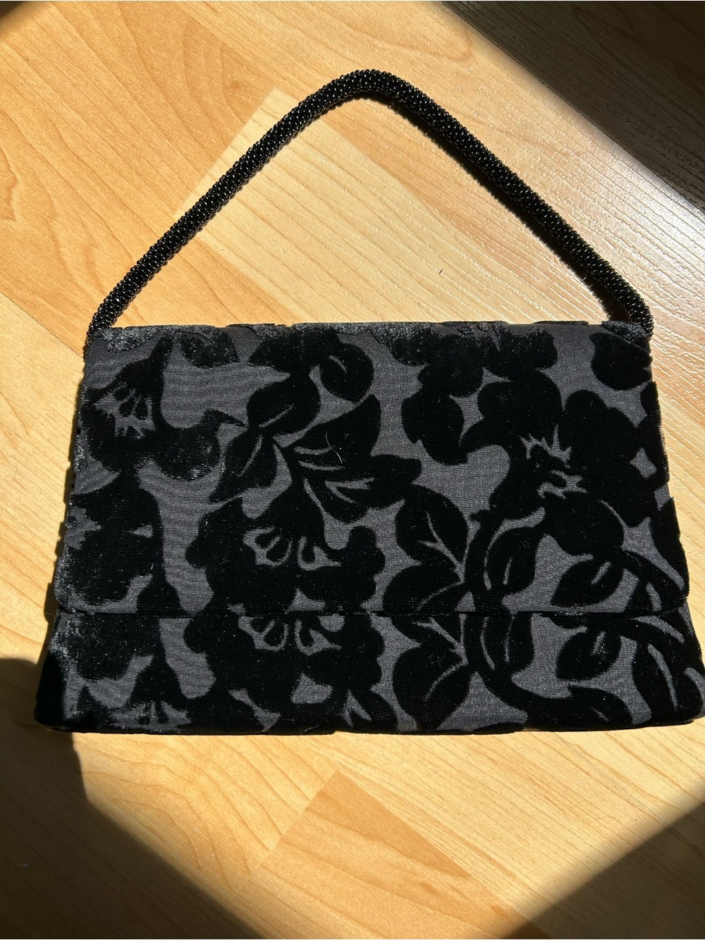 VTG 1990s Devore Burnout Velvet Floral Evening Bag Black Satin Clutch Purse.